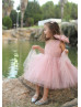 One Shoulder Blush Tulle Pearls Flower Girl Dress